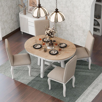 5-piece Farmhouse Dining Table Set Wood Round Extendable Dining Table And 4 Upholstered Dining Chairs (oak Natural Wood + Antique White)