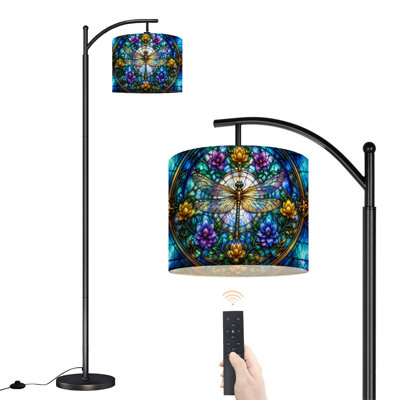 Dimmable LED Arc Standing Floor Lamp Stained Glass Print Dragonfly, Height Adjustable Lamp Shade with Remote Controller, for Living Room Bedroom Office