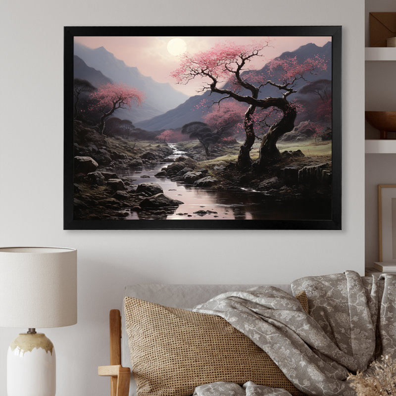 Silhouette de cerisier en fleurs - Art mural cerisier en fleurs, Cadre d'angle fermé noir, H 24 po x l 32 po x P 1 po