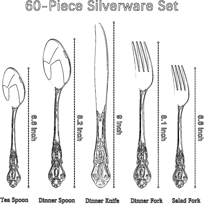 Ensemble de couverts 60 pièces en or royal avec boîte-cadeau, ensemble de couverts en acier inoxydable pour 12 personnes, ensemble de couverts rétro élégant avec finition dorée miroir, vaisselle de cuisine allant au lave-vaisselle