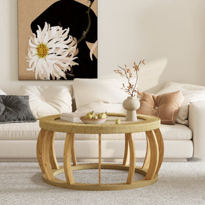 Table basse ronde ronde en bois massif de 35,43 po avec pieds courbés et table d'appoint Boho pour la salle à manger, la cuisine et le salon