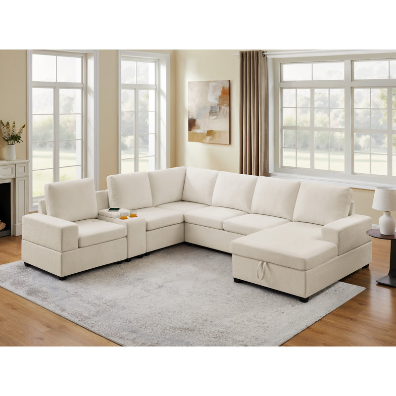 Canapé coulissant avec méridienne de rangement, canapé rembourré avec console, Chenille beige