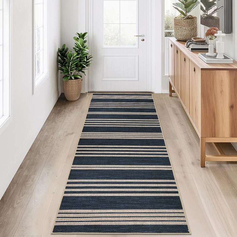 Washable Easy Jute Rug Modern Striped Living Room Rug with Non-Slip Backing, Non Shedding Neutral Floor Mats, Indoor Outdoor Carpet for Bedroom, Patio, Backyard