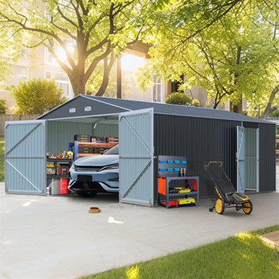 Remise de rangement extérieure résistante aux intempéries avec structure en acier 20 pi x 13 pi, antirouille, facile à assembler
