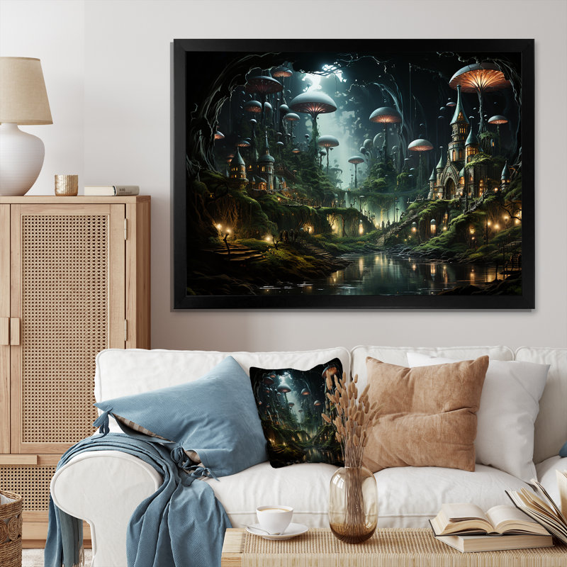 Reproduction d'art sur toile, "Enchanted surréel champignon Haven", Cadre d'angle fermé noir, H 30 po x l 40 po x P 1,5 po