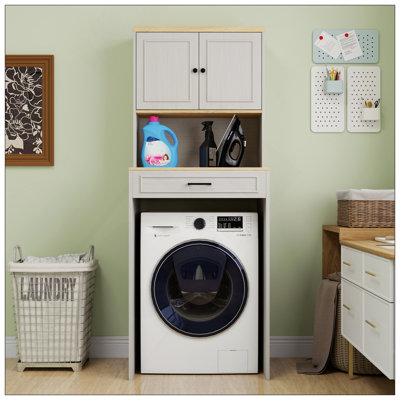 Over The Washer And Dryer Storage Cabinet Suitable For Compact Washing Machines, Laundry Room Storage Organizer With 1 Door, A Adjustable Shelf And A Fake Drawer Design-Antique White