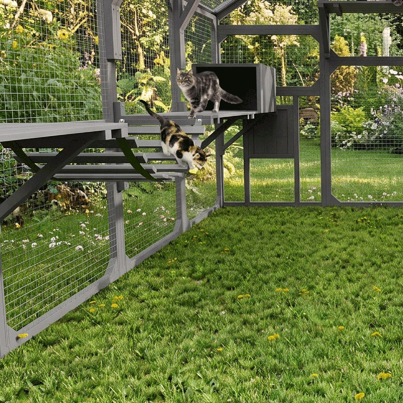 Spacieuse cage d'extérieur en bois pour chat - Maison pour chat à plusieurs niveaux avec 7 plateformes, 2 condos et une porte pour plusieurs chats