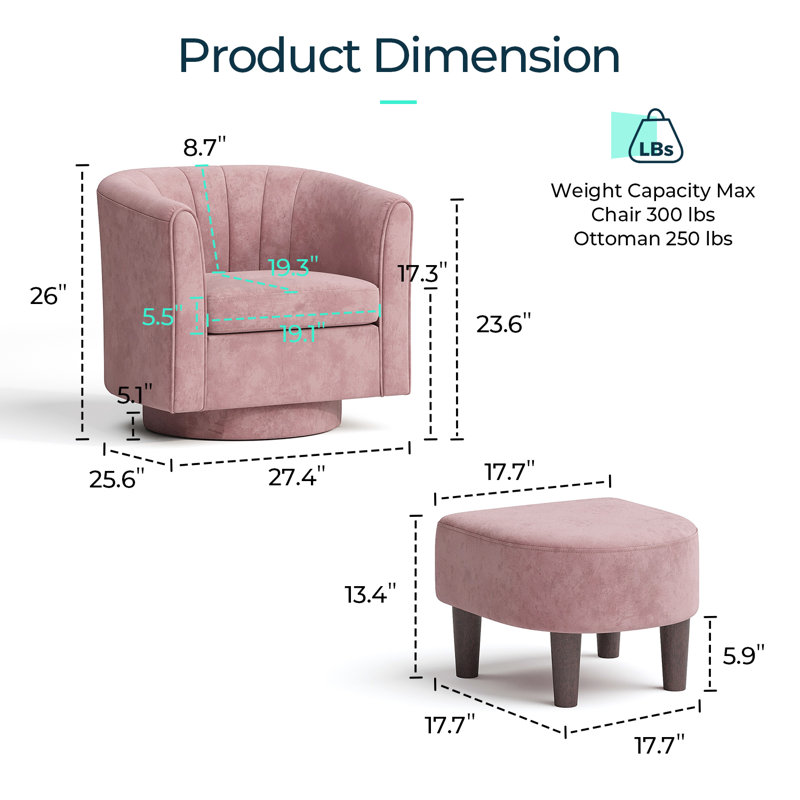 Fauteuil d'appoint pivotant avec repose-pieds Torince, Velours Capri rose, H 26 po x l 27,4 po x P 25,6 po