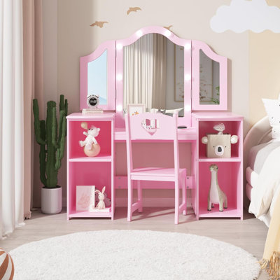 Vanity with Lights Storage Cabinet and Touch Light Detachable Tri-Folding Mirror 2 in 1  Vanity Table and Chair Set Wooden  Vanity Dress Table