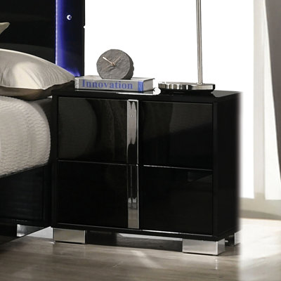 Table de chevet de style contemporain en noir, facile à assembler, en bois d'ingénierie, table de chevet moderne noire, pieds, 2 tiroirs, poignées verticales, mobilier à finition unique