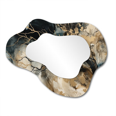 Blue Beige Marbled Dreamscape II - Geometric Cloud Mirror, Blue Asymmetrical Unique Wall Mirror, Printed Metal Art