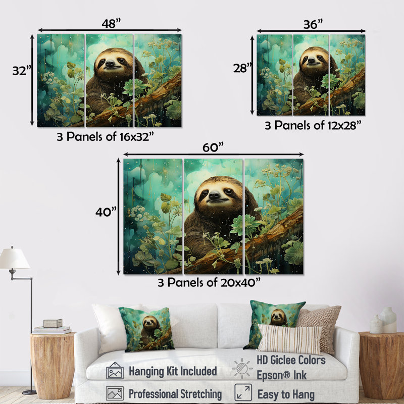 Sloth Jade Journey - Ensemble de décoration murale paresseux, H 28 po x l 36 po