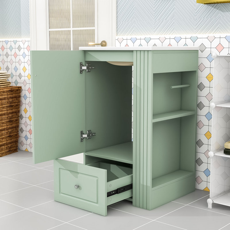 Meuble-lavabo autoportant avec lavabo en céramique, tiroir à fermeture en douceur, tablettes ouvertes et barre à serviettes