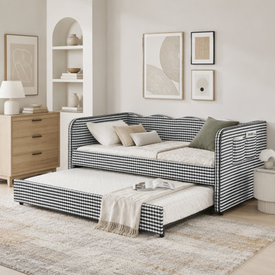 Twin 3-in-1 Convertible Gingham Daybed with Trundle and Storage Pockets