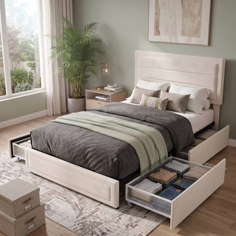 Upholstered Platform Storage Bed, Full, Ivory Velvet
