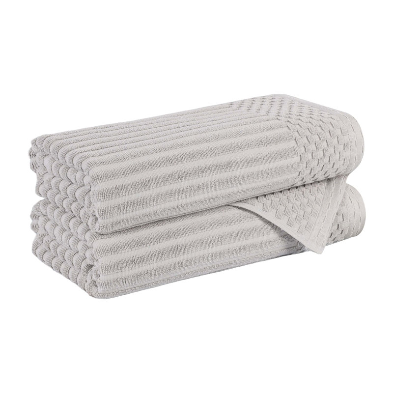 Ruvins Cotton Highly Absorbent Solid and Checkered Border Bath Towel Set, Silver