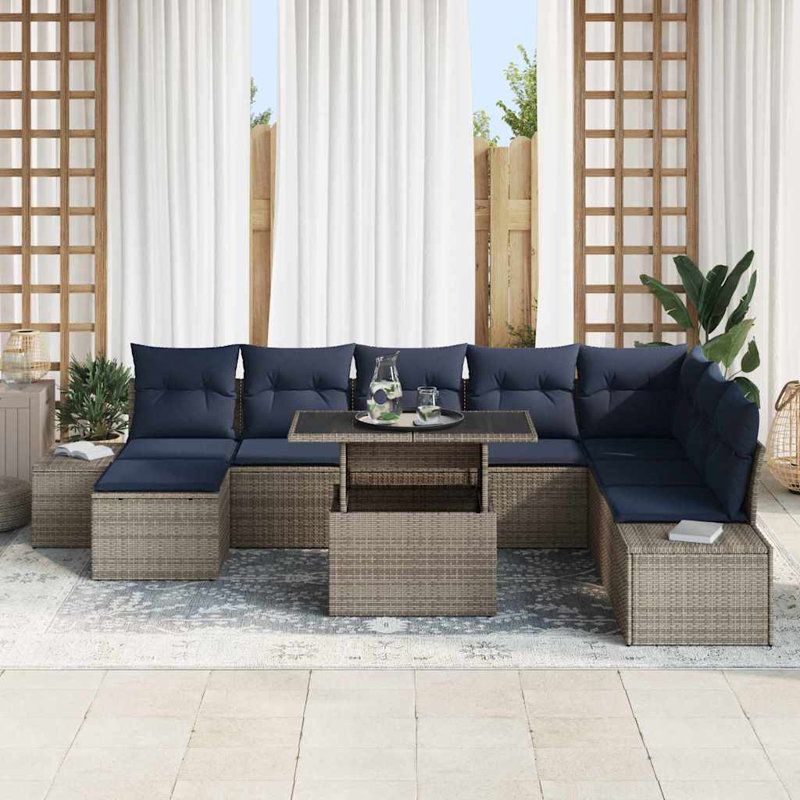 Ensemble de canapé de jardin vidaXL 9 pièces en rotin gris et bleu marine