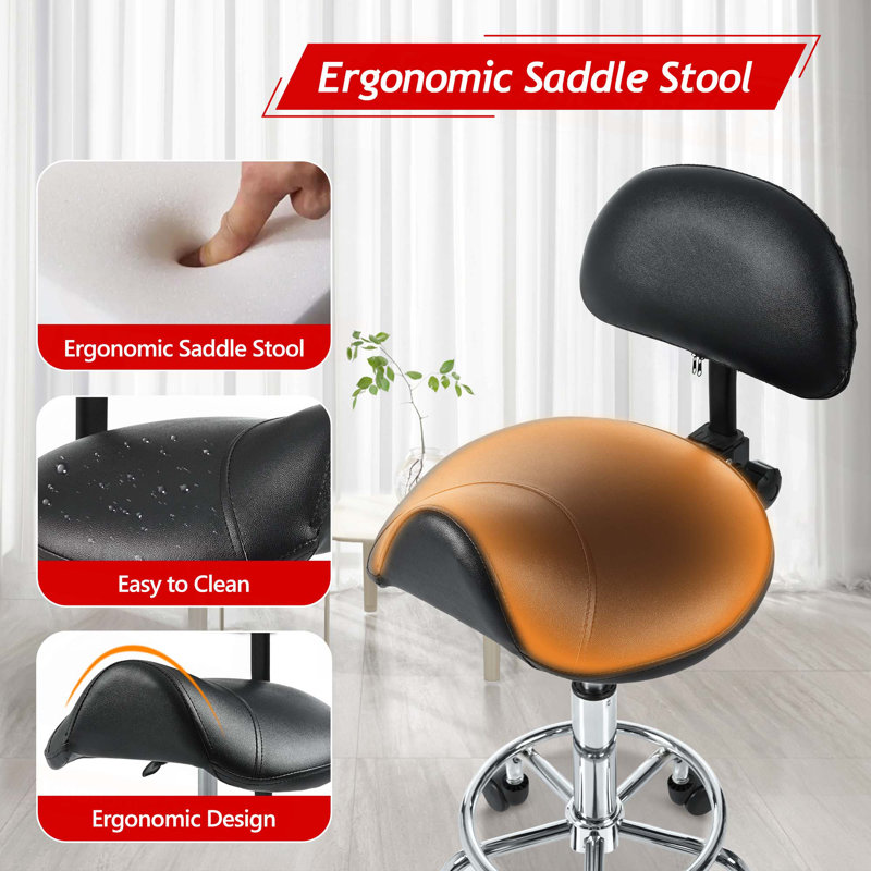 Saddle Stool with Back Support,Rolling Stools with Foot Rest,Ergonomic Adjustable Stool with Wheels,Backrest Adjustable Height & Angle for Salon Spa Tattoo Massage Office Swivel Stool Chair