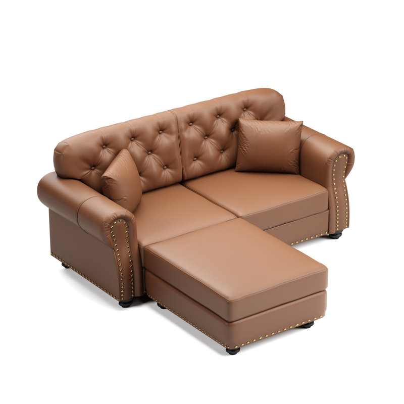 Canapé en similicuir de 63 po avec garniture cloutée et accoudoirs roulés de 63 po. Canapé Chesterfield de style Mid-Century capitonné, avec 2 coussins, noir