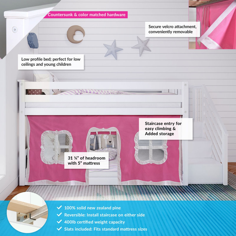 Harjeet Kids Twin Over Twin Bunk Bed, White, Pink