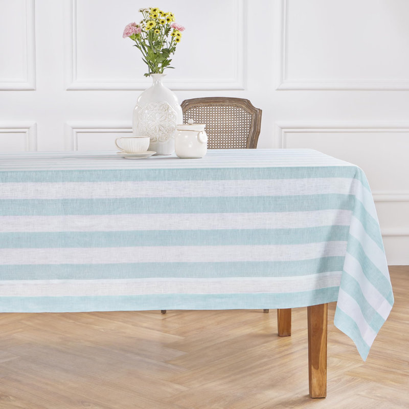 Cabana Stripe - 100% Pure Linen Tablecloth, 120" x 60", Aqua/White