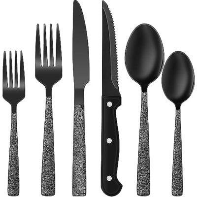 24-Piece Black Silverware Set With Steak Knives, Black Flatware Set For 4, Food-Grade Stainless Steel Tableware Cutlery Set, Mirror Finished Utensil Sets For Home Restaurant, Hammered Edge