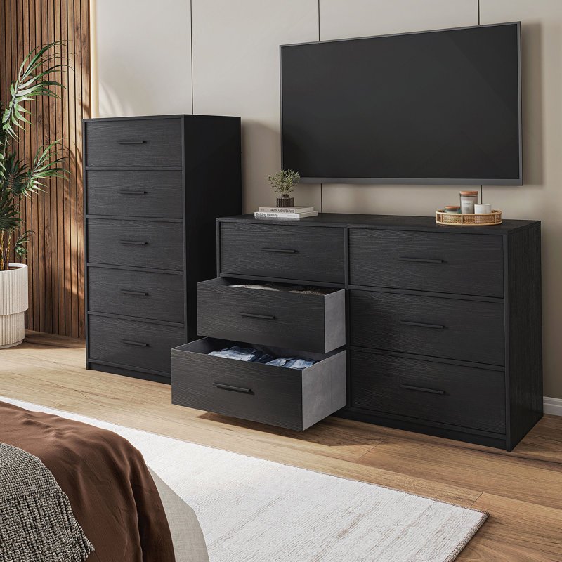 Commode 6 tiroirs avec tiroirs en tissu, Noir