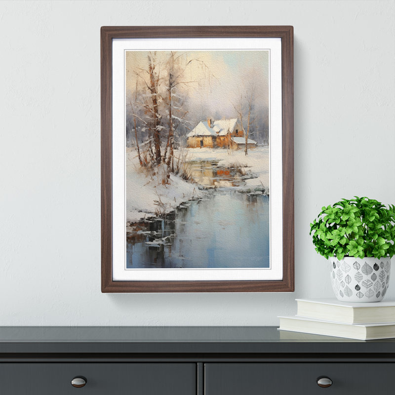 Winter Landscape Impressionism - Single Picture Frame Print on Wood, 34cm H x 25cm W x 2cm D, Walnut
