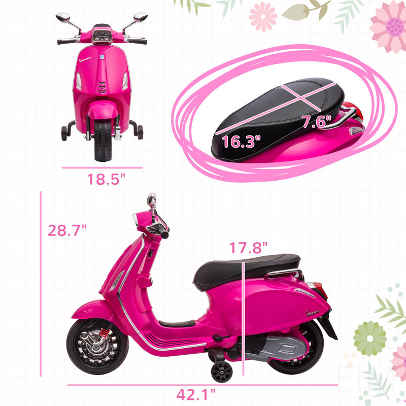 Vespa Licensed Electric Motorcycle For Kids, 6V Toddler Motorcycle, Battery-Operated Motorbike For Kids With Music, FM Radio, Headlight, Single Button Start For 3-6 Years, Pink