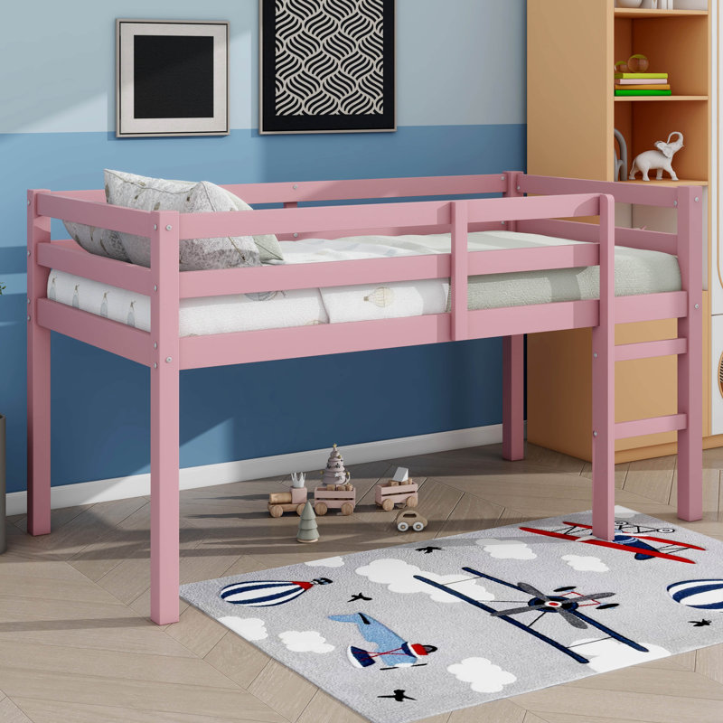 Twin Elevated Loft Bed With Ladder And Strengthened Slat Bed Base, Pink
