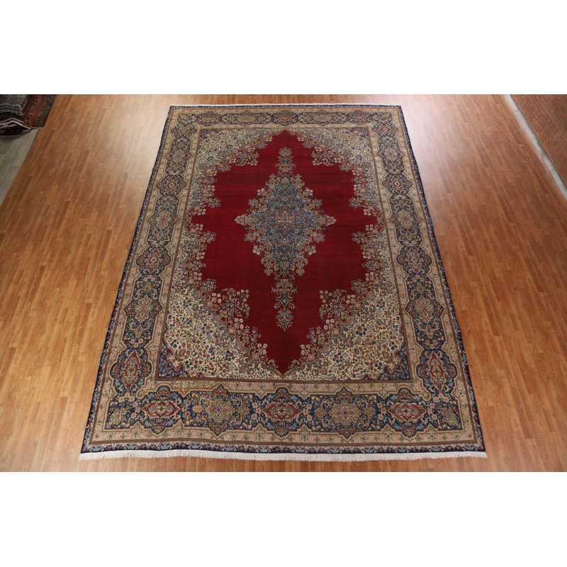 Grand tapis persan Kerman à motif floral rouge noué à la main 12 x 16