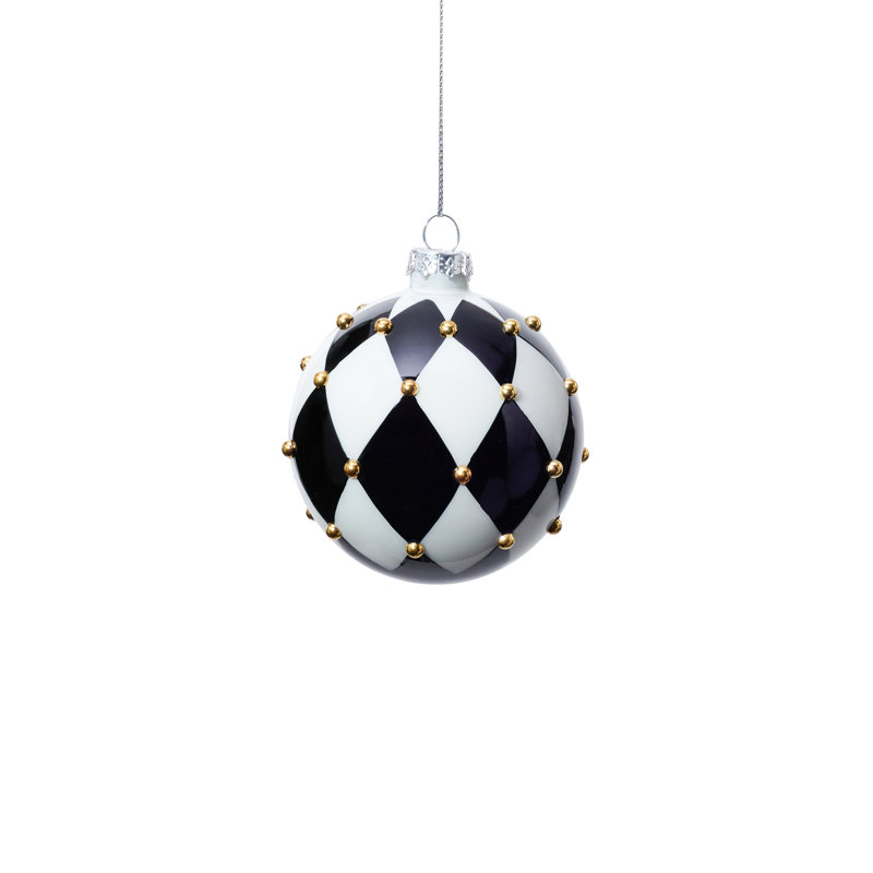 Boules de Noël en verre à motif arlequin noir et blanc, ensemble de 6, 3.25"