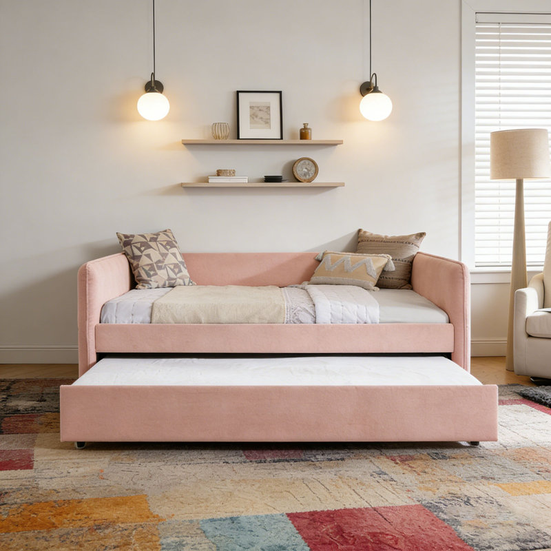 Lit de jour en tissu Boucle, Double 2, Rose - Lit gigogne