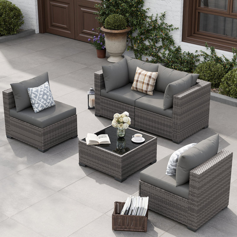 5 Piece Rattan Sectional Seating Group with Cushions, Gray