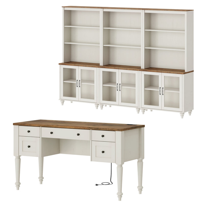 2 - Piece Office Set, 56" Executive Desk & Set Of 3 Bookcases With Glass Doors, White/Brown