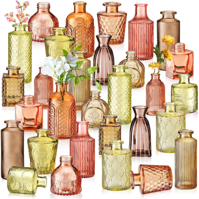Orange-Yellow Vintage Embossed Glass Vases, 30 Pieces Per Pack, Loose Stock, Perfect For Home, Wedding, Table, And Valentine's Day Decorations.