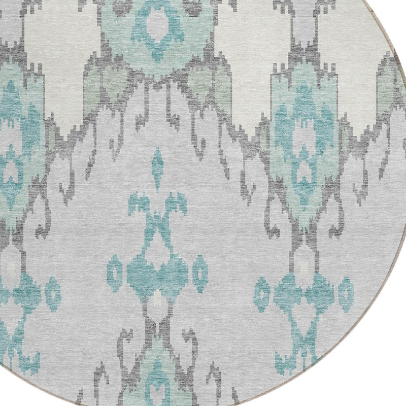 Tapis d'intérieur rond lavable en ikat bleu 8 '