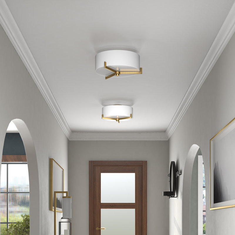 Plafonnier semi-encastré 2 lumières avec abat-jour en tissu en bronze noirci / laiton brossé Hamlin 17,63 po de large Hamlin