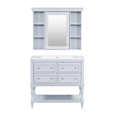 Meuble-lavabo de 36 po avec armoire à pharmacie, armoire à miroir moderne avec tablette réglable, armoire de rangement pour salle de bain à 4 tiroirs, armoire de rangement pour cadre de salle de bain en bois massif