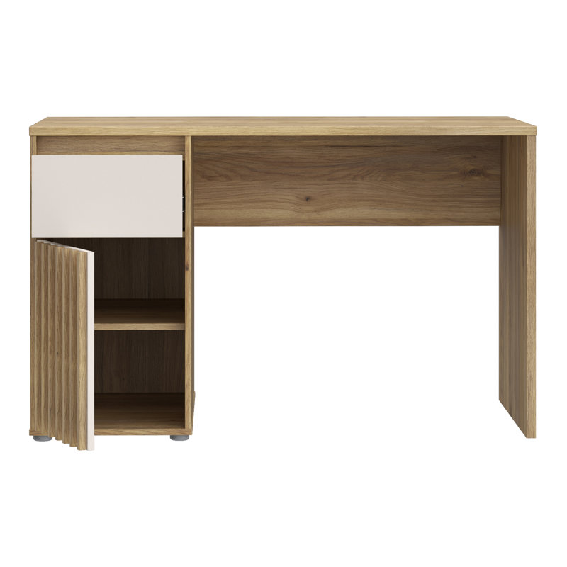 Scandi Style Desk with 1 Door and 1 Drawer, Slatted Details, Youth Room, Home Office, Engineered Wood, Warm Oak Decor/Beige, 120 cm W x 74.4 cm H x 60 cm D
