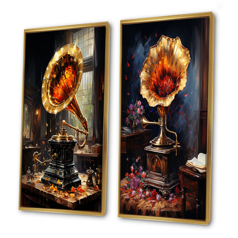 «Gold Phonographs Elegance I», ensemble de 2 reproductions d'art sur toile, Cadre flottant doré, H 28 po x l 25 po