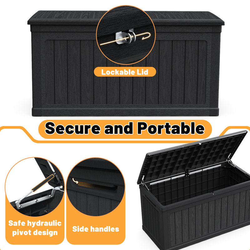 Coffre de terrasse Xxl d'une capacité de 230 gallons, résine imperméable et verrouillable noire, idéal pour ranger les outils de jardin et les coussins d'extérieur, conception à double paroi, durabilité accrue, système de levage facile, peut être utilisé