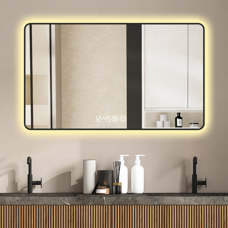 Miroir mural de 39,12 x 29 pouces, cadre noir, coins arrondis, affichage de la température, éclairage tricolore et cadre de désembuage 29 x 39, pour le décor de la salle de bain