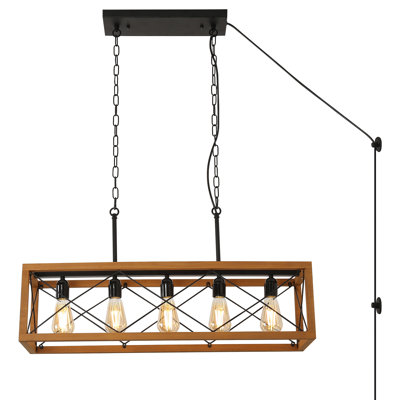 Lustre rectangulaire moderne en bois 5 lumières, plafonniers suspendus E26