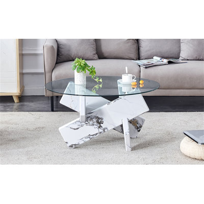 Table basse ronde en verre trempé avec pieds élégants en panneau de fibres à densité moyenne