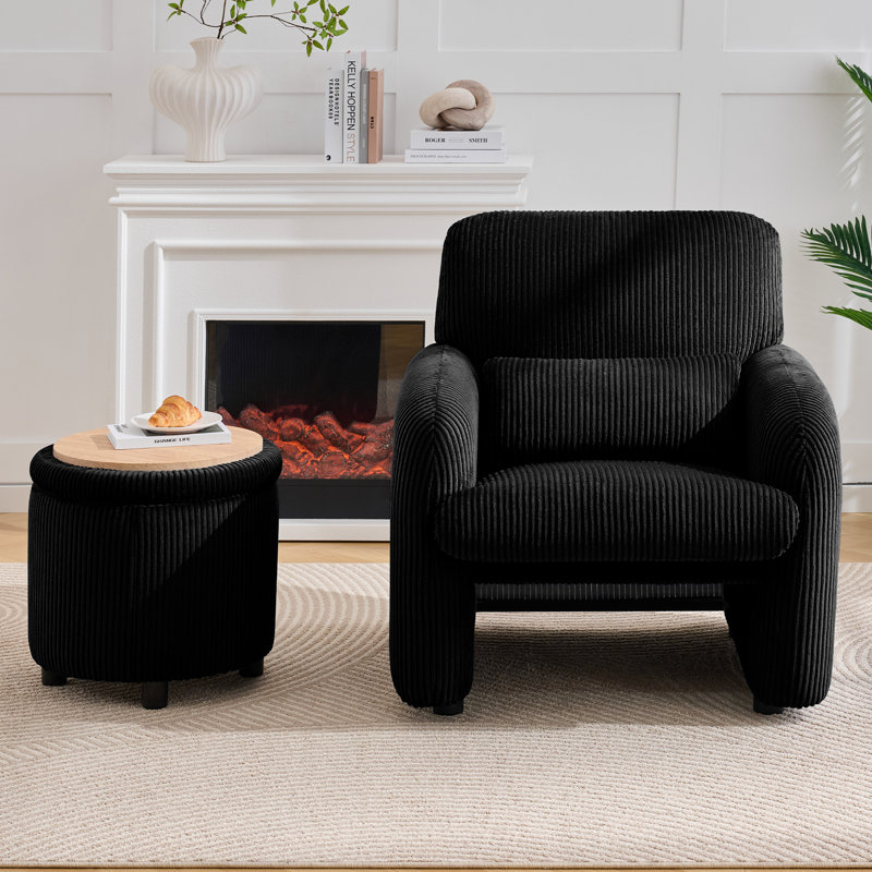 Chaise d'appoint rembourrée en velours côtelé avec coussin lombaire et repose-pieds, Noir, Oui