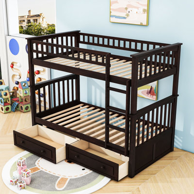 Twin Over Twin Wood Convertible Bunk Bed With 2 Drawers