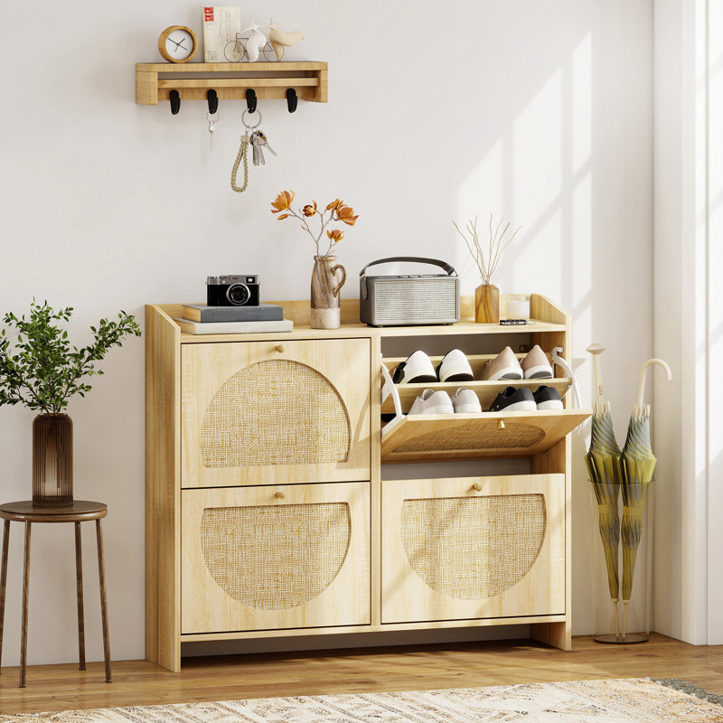 Armoire à chaussures, armoire de rangement à chaussures avec 4 tiroirs rabattables, naturel