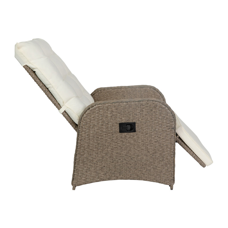 Vilborg Indoor/Outdoor Wicker Rattan Recliner with Flip-Up Side Table, Beige, Brown