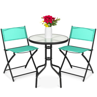 3-Piece Patio Bistro Dining Furniture Set W/ Glass Tabletop, Folding Chairs